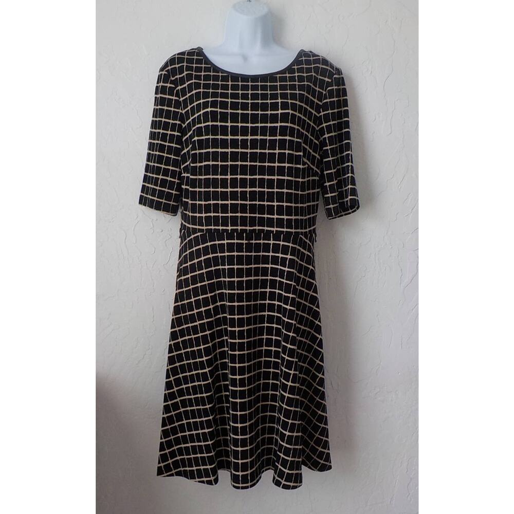 Connected Apparel Women 8 Black Squares Knit Dress Fit Flare Half Sleeve Keyhole